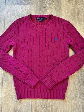 Ralph Lauren Cable-Knit Cotton Crewneck Sweater in Pink Small